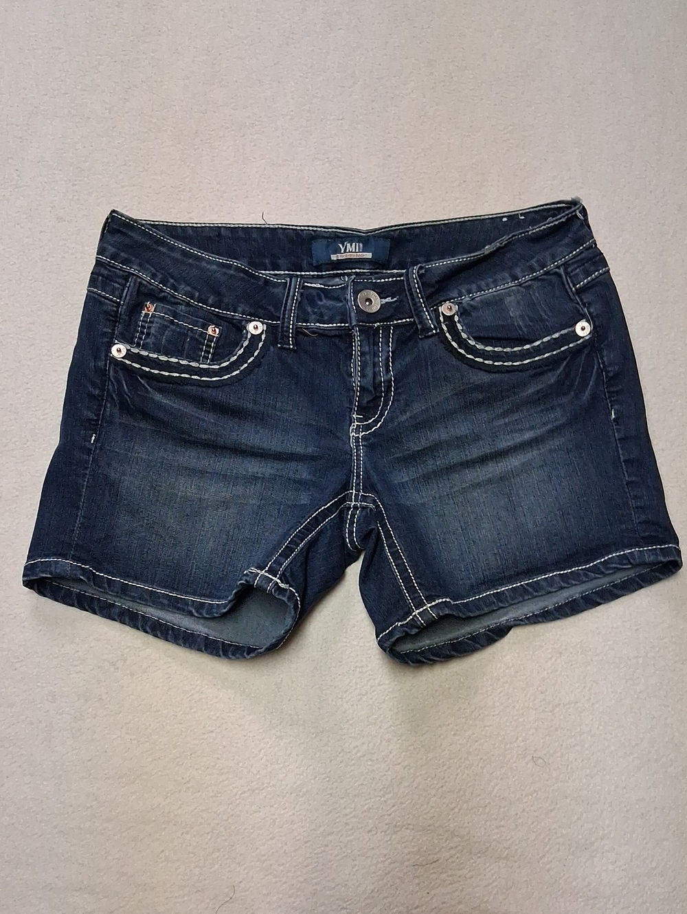 Mi Indigo Denim Shortalls with White Contrast Stitching